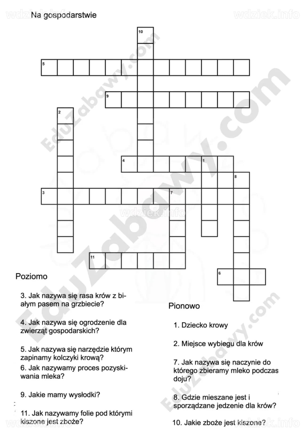 Krzyżówka: Na wsi: PDF do druku dla dzieci, uczniów